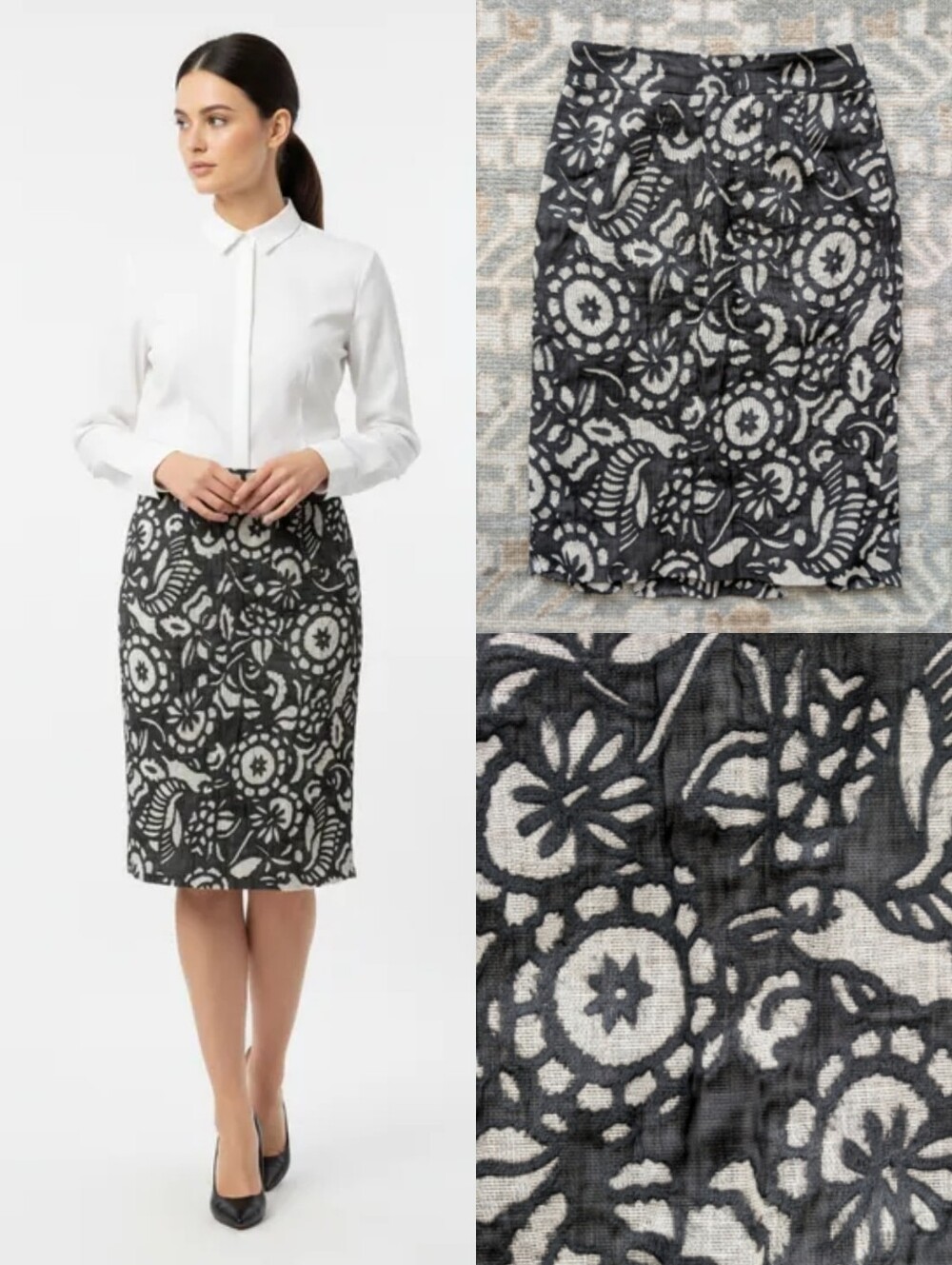DVF Linen & Silk Black & Beige Laser Cut Out Floral Skirt Diane Von Furstenberg